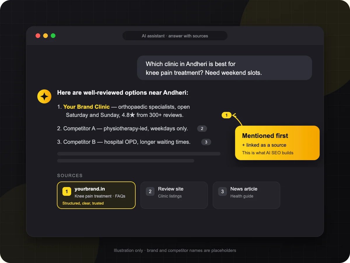 AI SEO illustration: an AI assistant answer that mentions and cites your brand first as a source