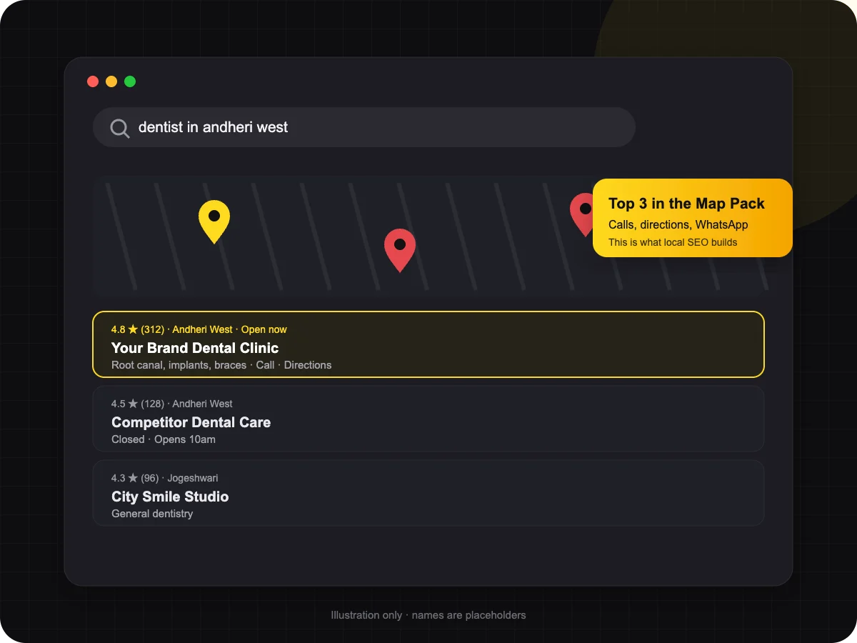 Local SEO illustration: a Google Maps search showing the map pack