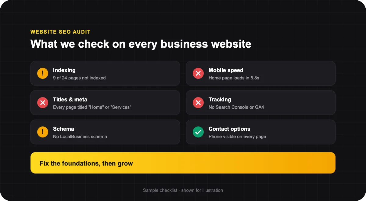 Website SEO checklist showing indexing, speed, titles, tracking, schema and mobile checks